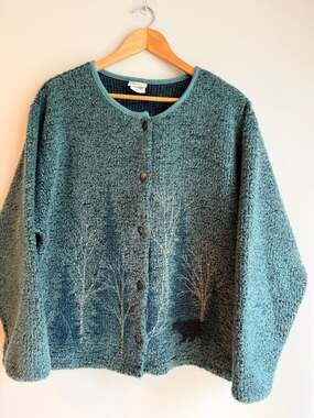 Artisans XL Teal Bear Forest Pattern Button-Up Cardigan